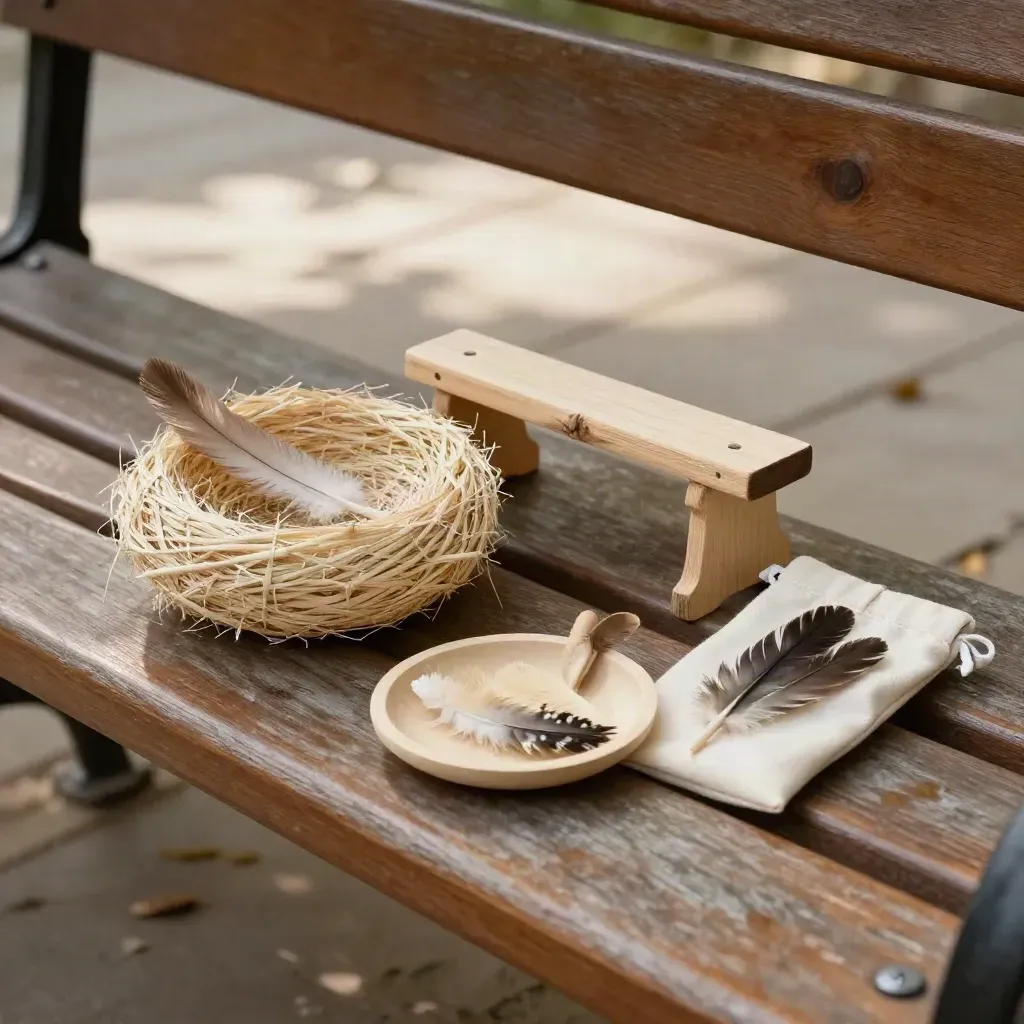 School bird lesson kit with model nest, feather tray and perch on a shaded bench in a courtyard.