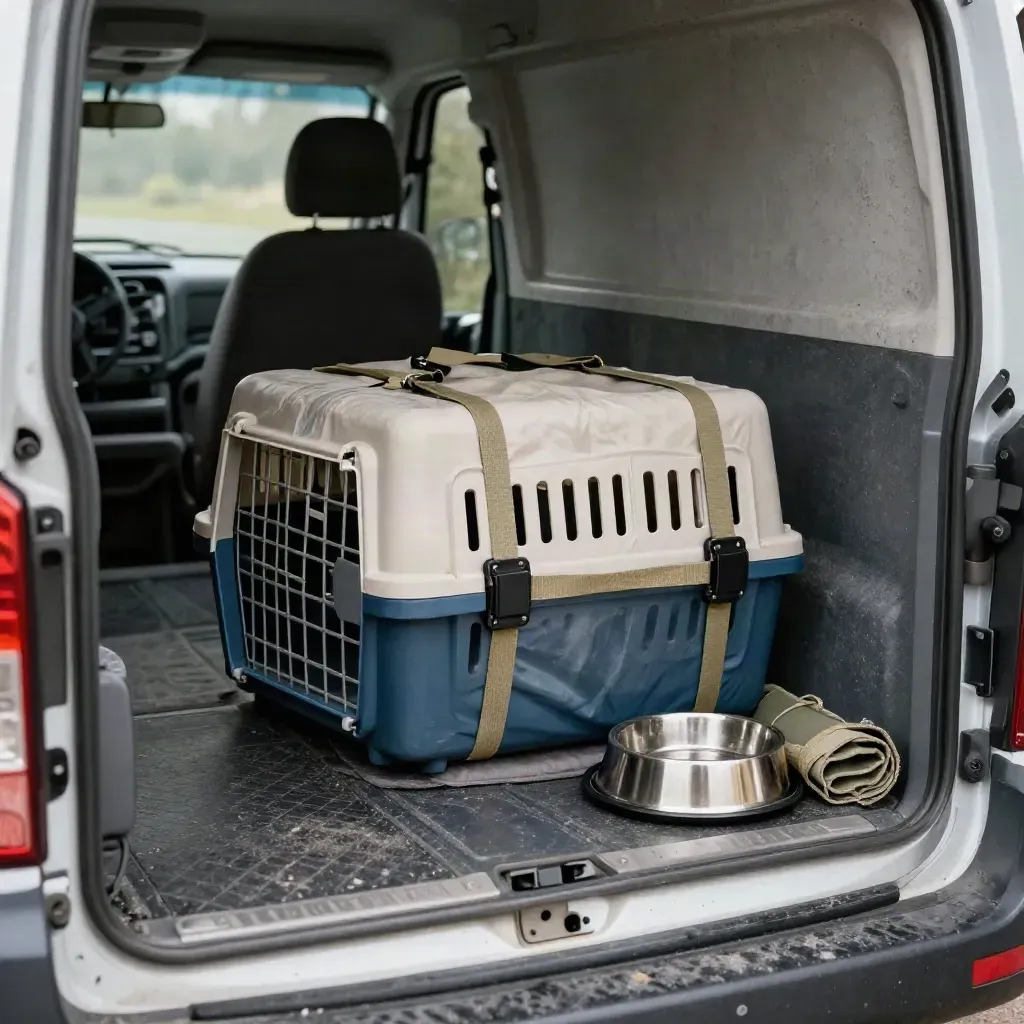 Sealed wildlife carrier strapped in a van cargo bay with travel blanket and water bowl.