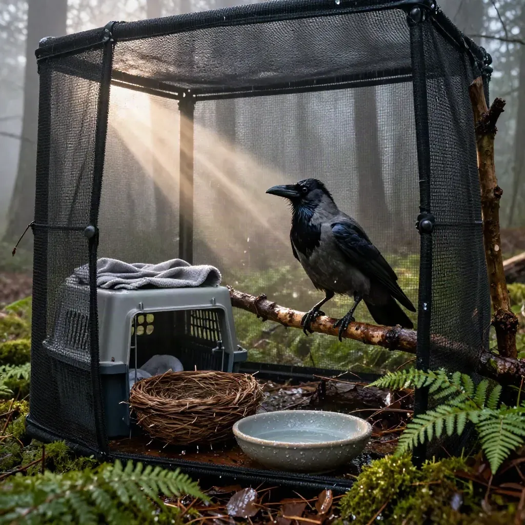 Rescued crow in a mesh recovery enclosure beside crate, basket, dish and perch in misty wet woods.