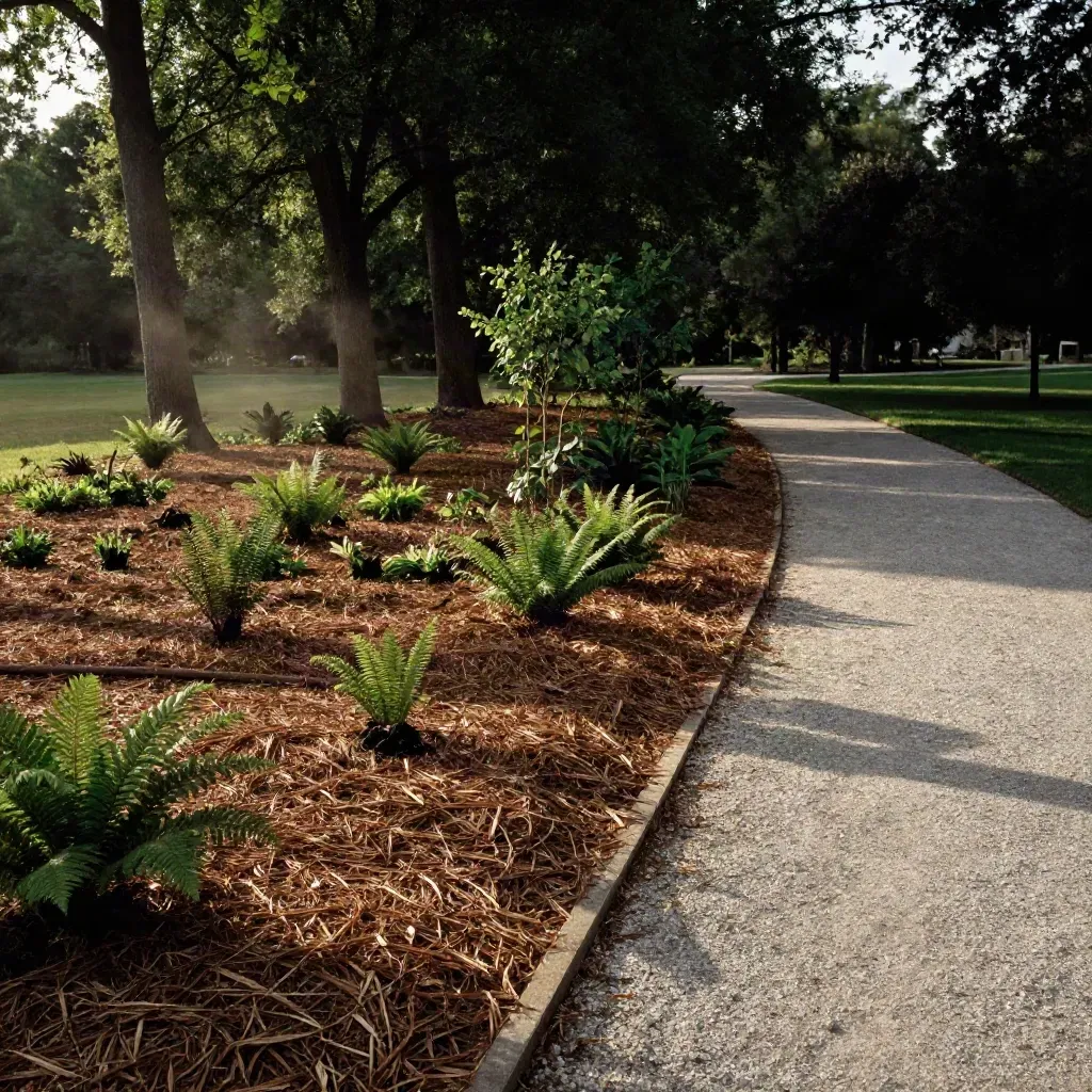 Restored park edge with young native plants, mulch rings, and a clear trail beside mature trees.