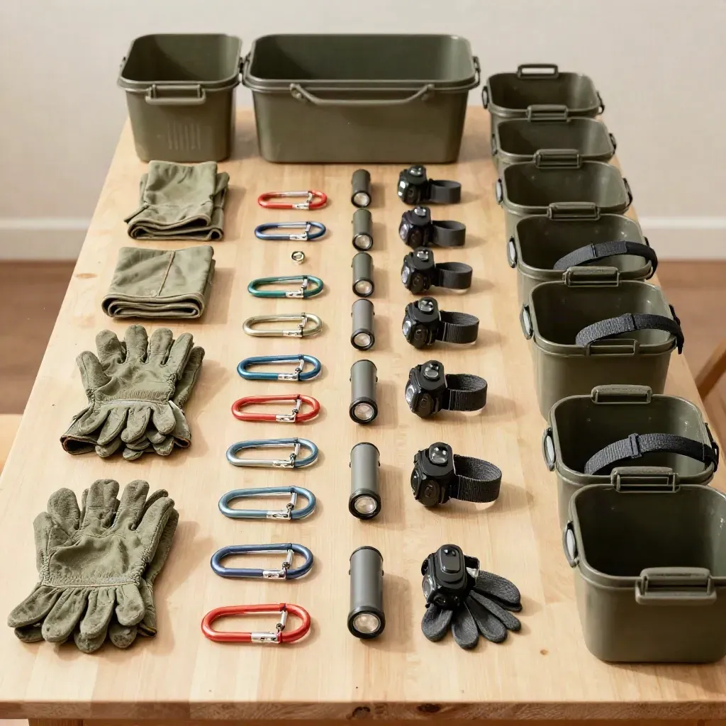 Flat lay of volunteer gear: carabiners, gloves, headlamps and field bins on a utility table.