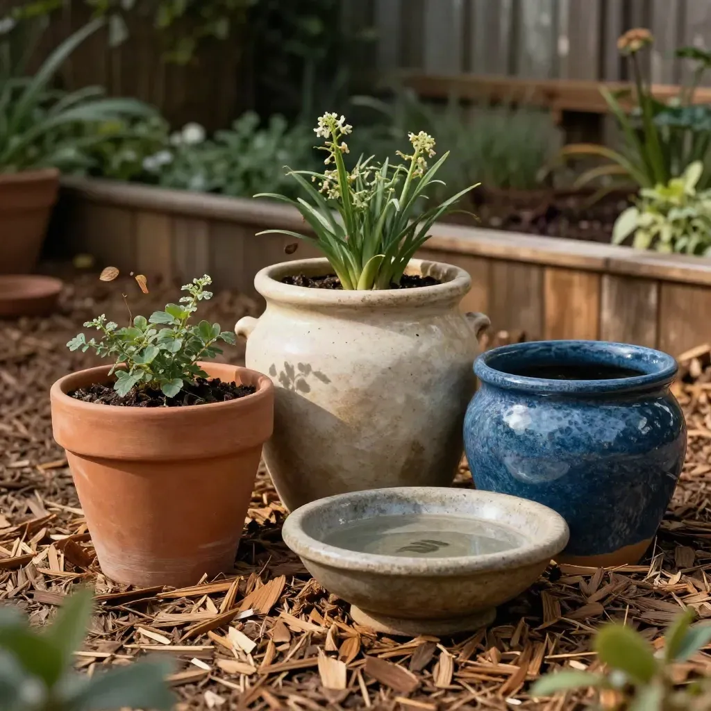 Native-plant pots, birdbath saucer and cedar mulch arranged as a wildlife-friendly yard plan.