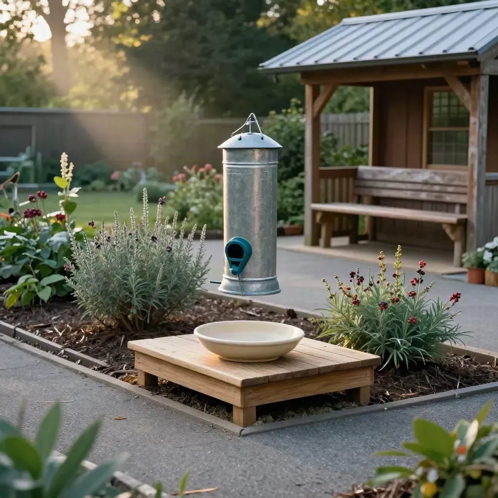 School garden feeder station with native shrubs, water dish and covered bench in warm afternoon light.