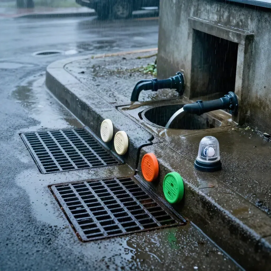 Rain-dark storm drains with locator pucks and a sealed rescue beacon on wet curb concrete.