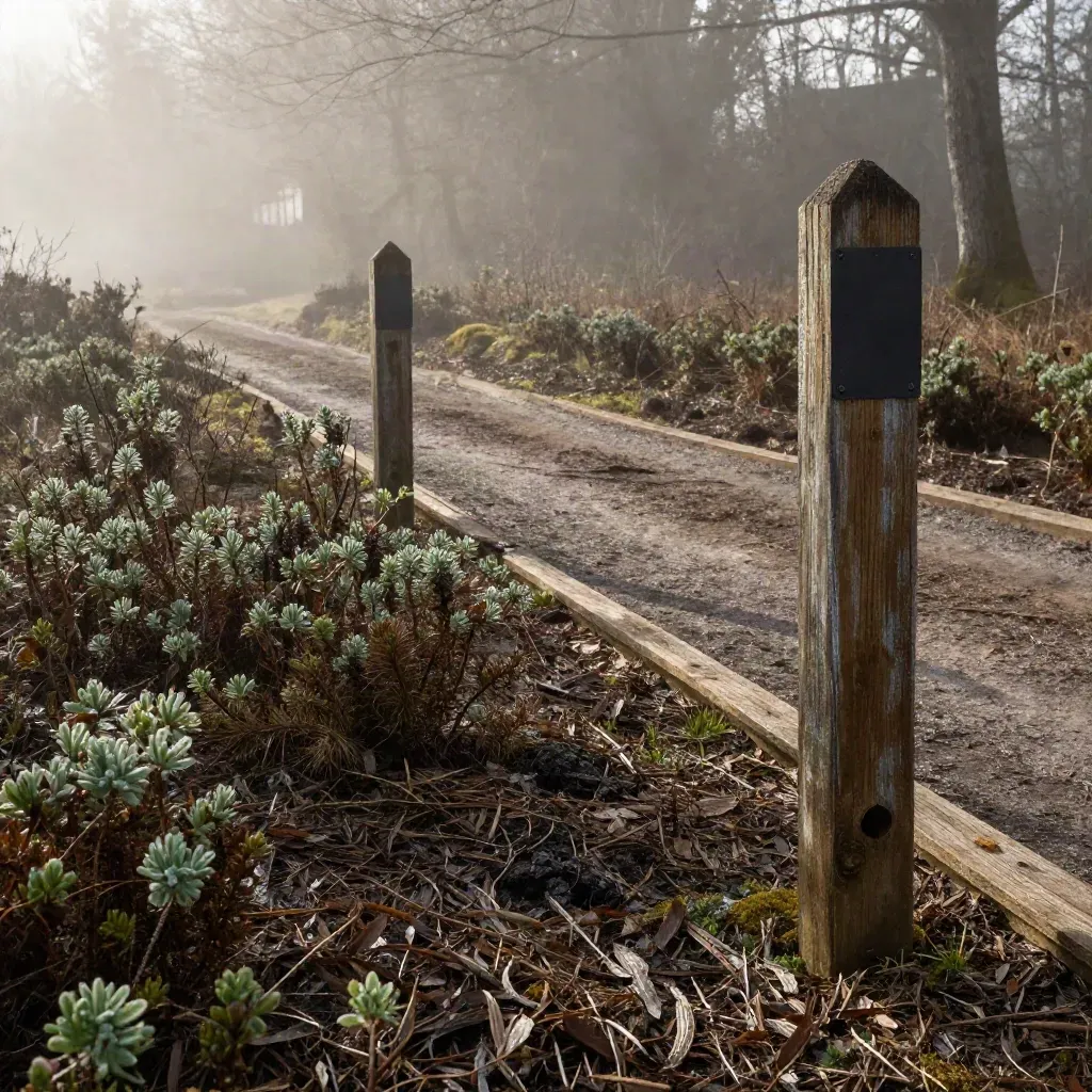 Misty trailhead with native shrubs, mulch, and turned warning posts beside an empty path.