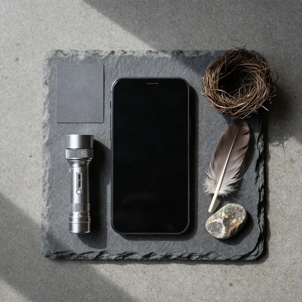 Overhead flatlay of a face-down phone, flashlight, nest tuft and roadside stone on slate.