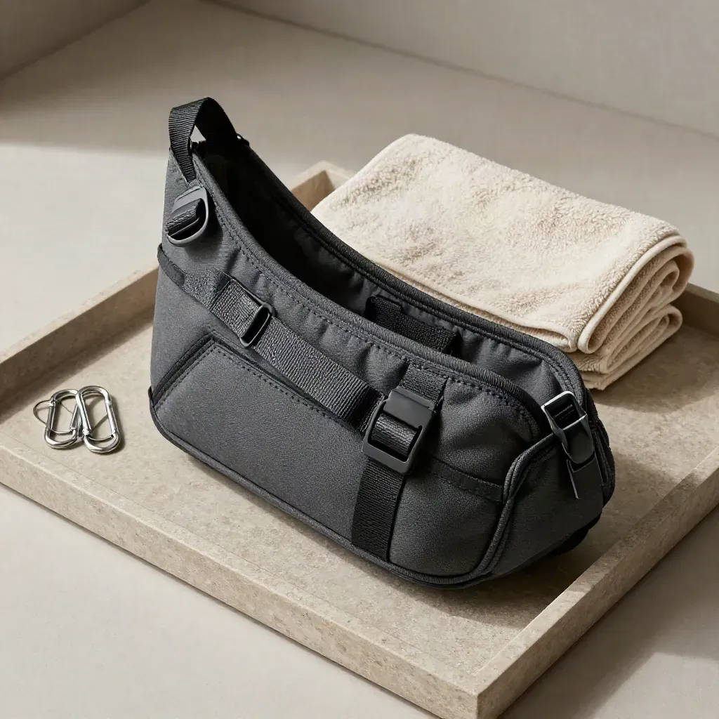 Stone tray with crow rescue sling, folded towel, and carabiners in soft daylight.
