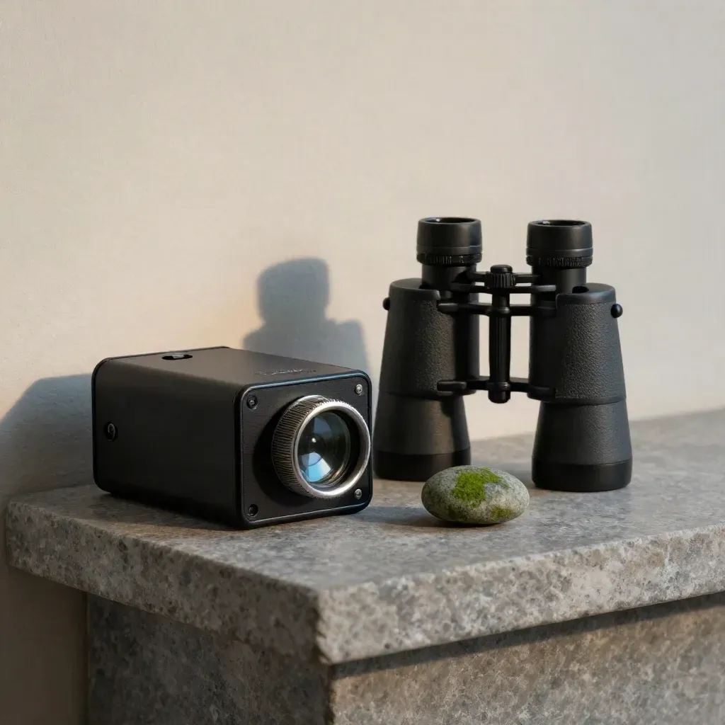 Macro still life of tally counter, binoculars and marker pebble on a stone shelf