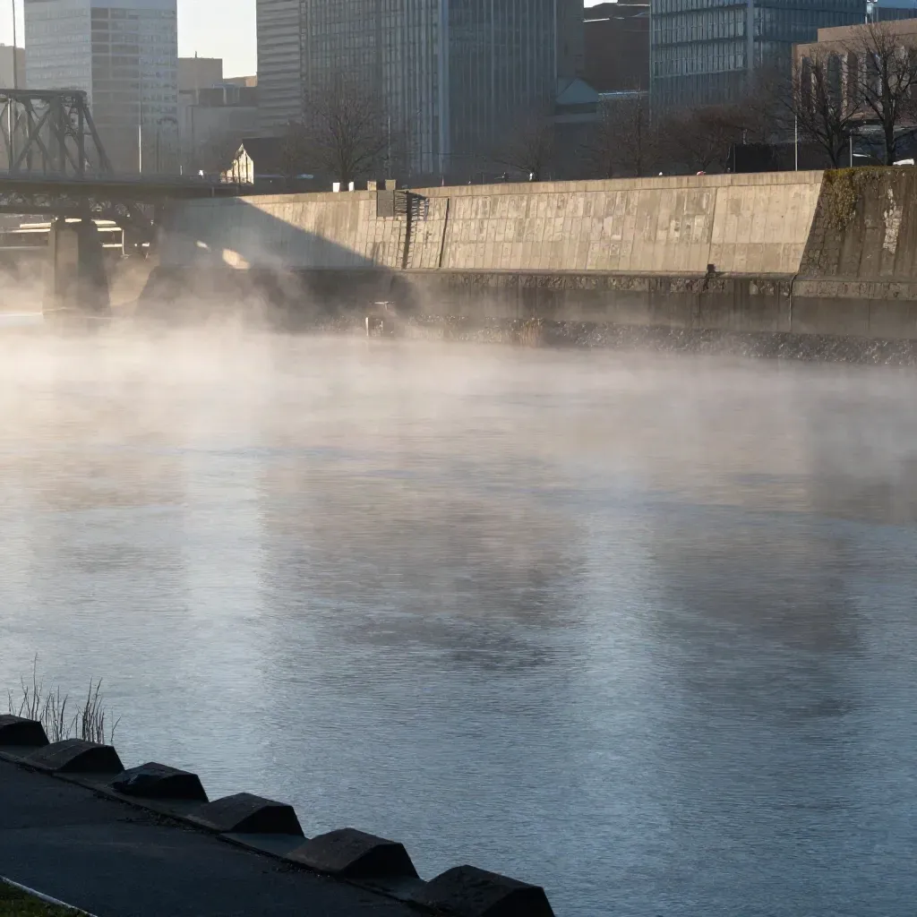 Portland skyline and bridge silhouettes above misty Willamette water at sunrise.