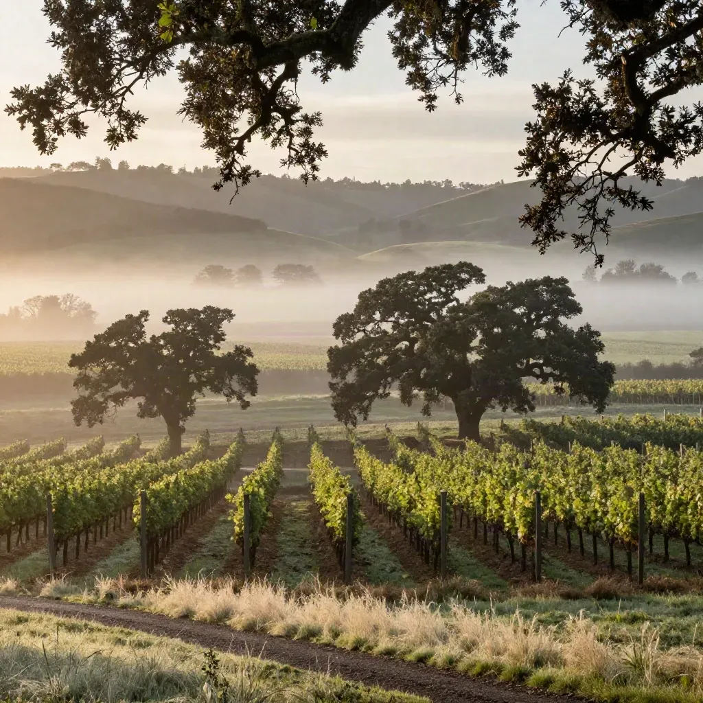 Foggy Willamette Valley oak savanna and vineyard rows at dawn