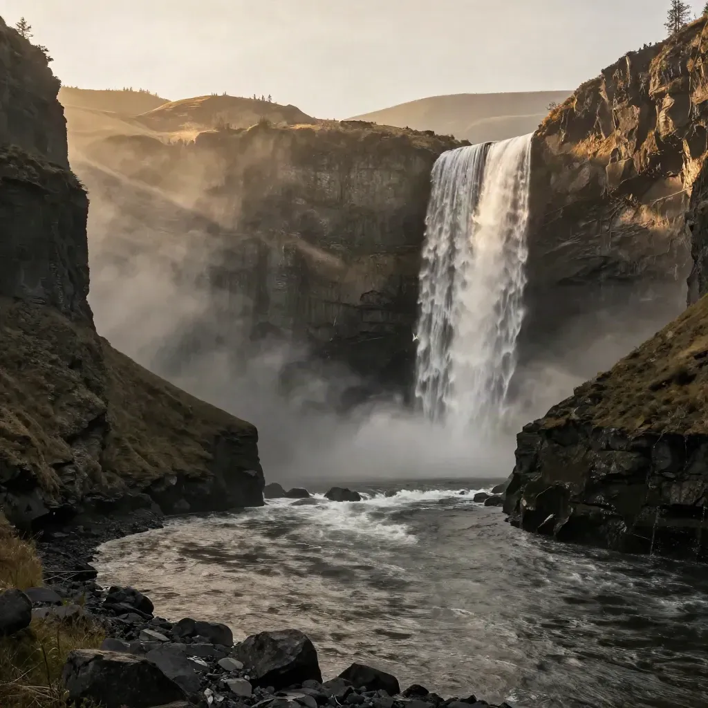 Basalt cliffs and a tall waterfall in the Columbia Gorge at golden hour, with misty open space below.